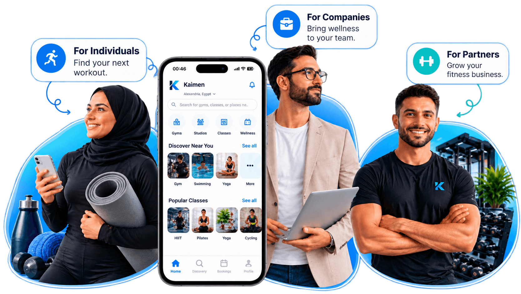 Kaimen app with individuals, companies, and fitness partners