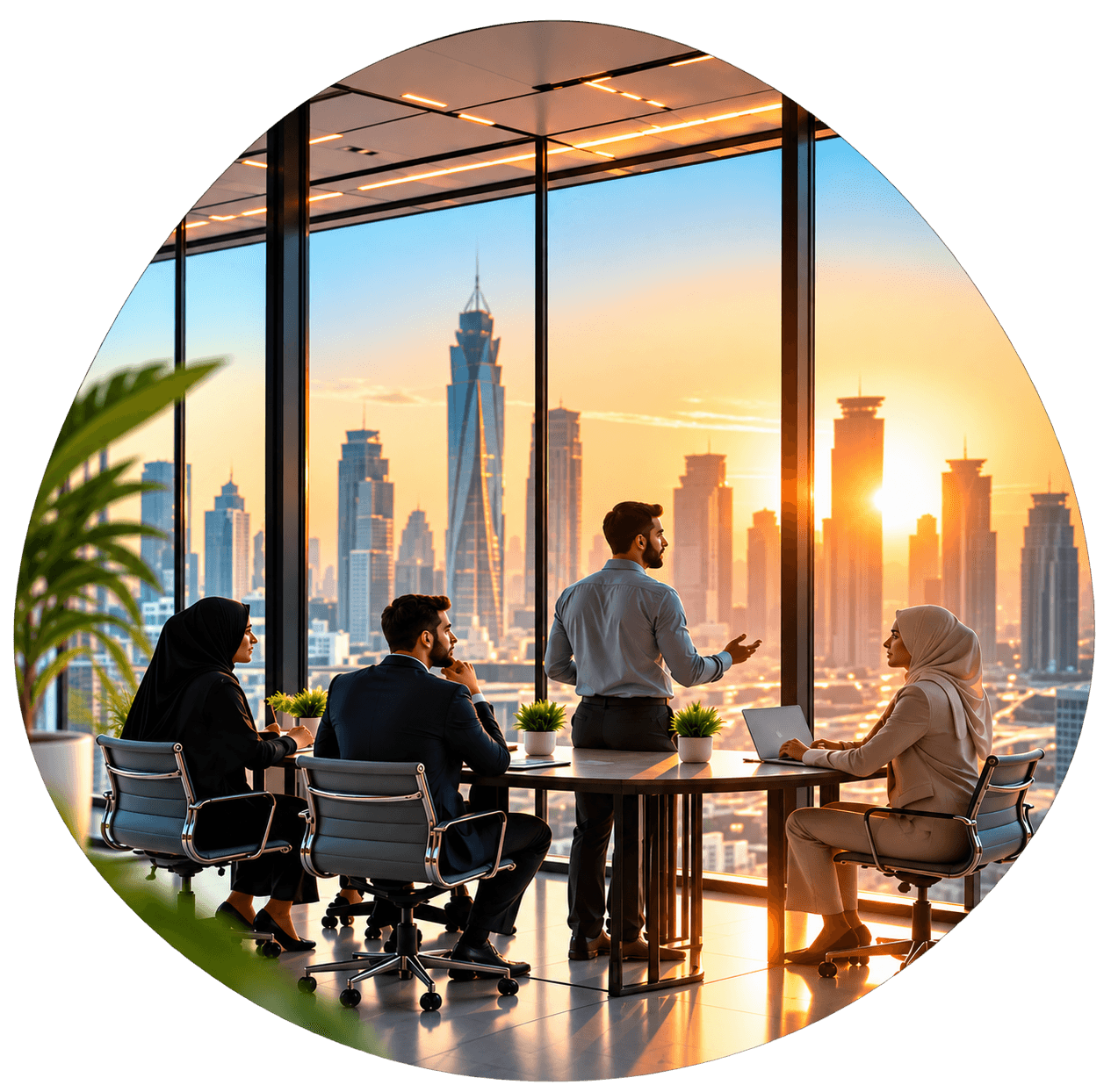 Corporate boardroom meeting at sunset with city skyline, shown in a circular frame