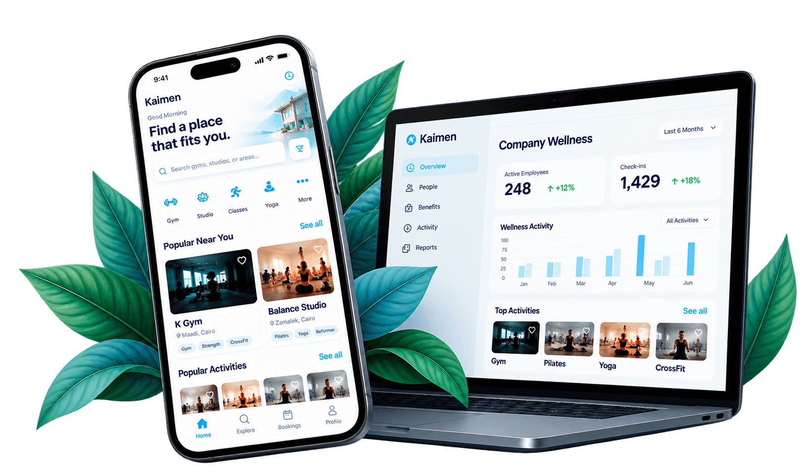 Kaimen mobile app and company wellness dashboard on a laptop, with tropical leaves